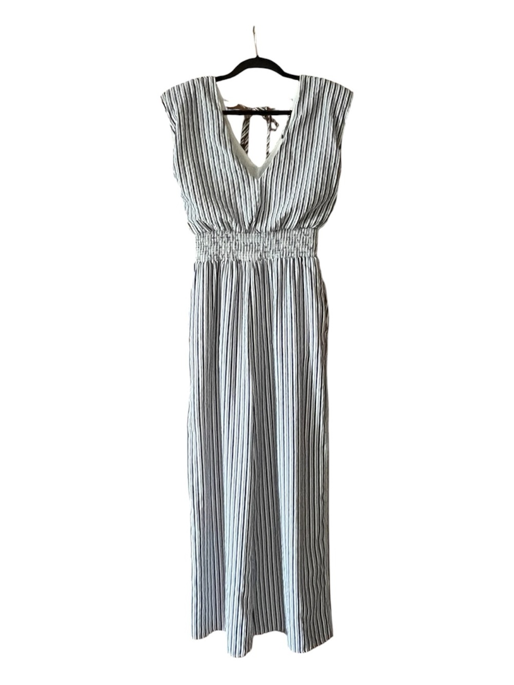 Strut & Bolt Linen-Blend Blue/White Striped Smocked Wide-Leg Jumpsuit Size Small